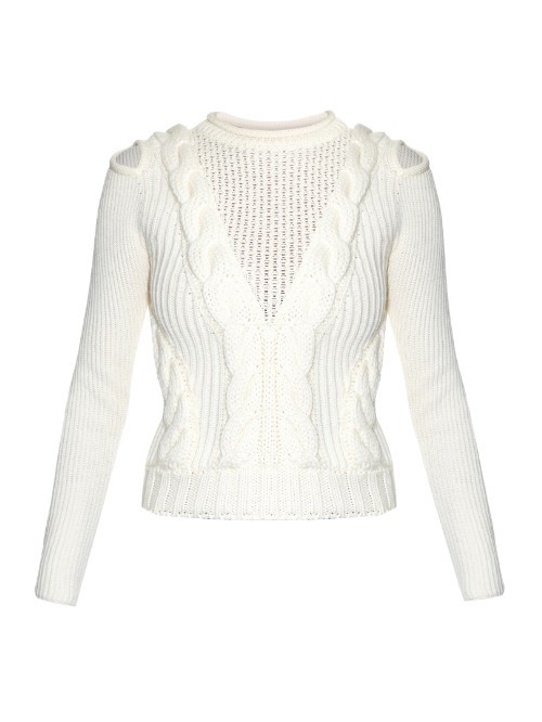 Cut Out Contrast Knit Wool Sweater - style: standard; pattern: cable knit; predominant colour: ivory/cream; occasions: casual, creative work; length: standard; fit: standard fit; neckline: crew; sleeve length: long sleeve; sleeve style: standard; texture group: knits/crochet; pattern type: knitted - other; pattern size: light/subtle; season: a/w 2015