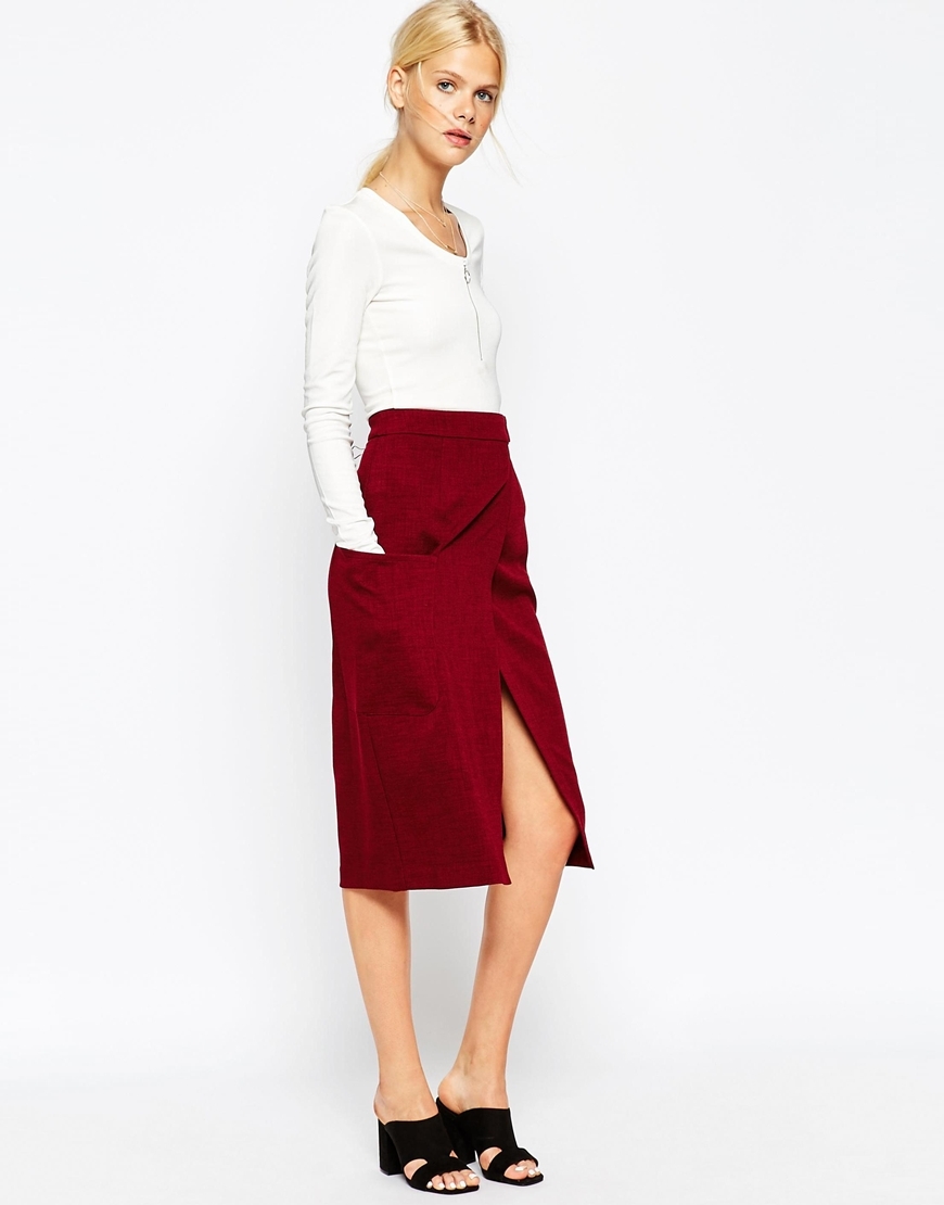 Premium A Line Wrap Skirt With Pocket Detail Wine - length: below the knee; pattern: plain; style: wrap/faux wrap; fit: loose/voluminous; waist: high rise; occasions: casual, occasion, creative work; fibres: polyester/polyamide - mix; pattern type: fabric; texture group: other - light to midweight; predominant colour: raspberry; season: a/w 2015