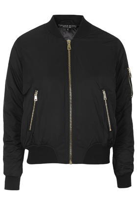 Petite Ma1 Bomber Jacket - pattern: plain; style: bomber; predominant colour: black; length: standard; fit: straight cut (boxy); fibres: polyester/polyamide - 100%; collar: shirt collar/peter pan/zip with opening; sleeve length: long sleeve; sleeve style: standard; collar break: high; texture group: other - light to midweight; season: a/w 2015; trends: tomboy girl