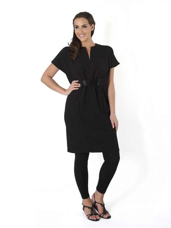 Black Pique Jersey Empire Line Dress - style: shirt; pattern: plain; predominant colour: black; occasions: casual, creative work; length: just above the knee; fit: body skimming; neckline: collarstand; fibres: polyester/polyamide - stretch; sleeve length: short sleeve; sleeve style: standard; pattern type: fabric; texture group: jersey - stretchy/drapey; season: a/w 2015