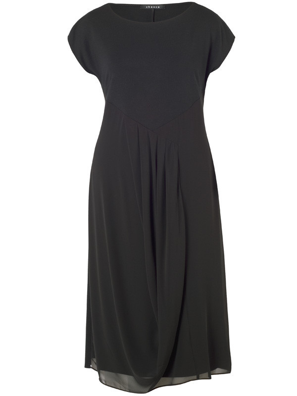 Black Pleat Trim Jersey & Chiffon Cap Sleeve Dress - style: shift; length: below the knee; neckline: round neck; pattern: plain; predominant colour: black; occasions: evening; fit: body skimming; fibres: viscose/rayon - stretch; hip detail: soft pleats at hip/draping at hip/flared at hip; sleeve length: short sleeve; sleeve style: standard; pattern type: fabric; texture group: jersey - stretchy/drapey; season: a/w 2015