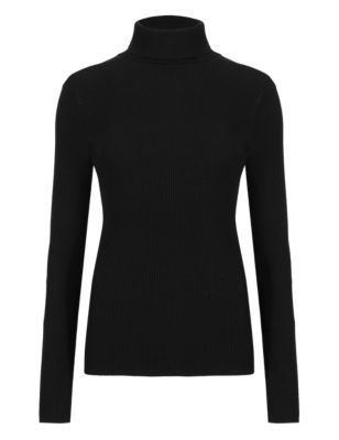 Ribbed Polo Neck Jumper - pattern: plain; neckline: roll neck; style: standard; predominant colour: black; occasions: casual, creative work; length: standard; fit: standard fit; sleeve length: long sleeve; sleeve style: standard; texture group: knits/crochet; pattern type: knitted - fine stitch; fibres: viscose/rayon - mix; season: a/w 2015; trends: brilliant basics, metropolis