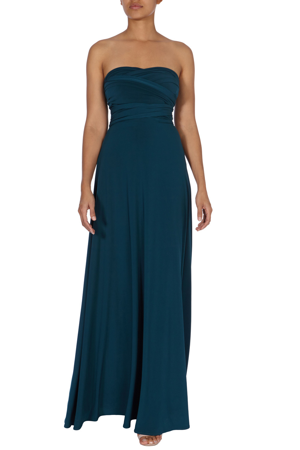 Corwin Multi Tie Dress - neckline: strapless (straight/sweetheart); pattern: plain; style: maxi dress; sleeve style: strapless; length: ankle length; bust detail: ruching/gathering/draping/layers/pintuck pleats at bust; predominant colour: teal; occasions: evening; fit: fitted at waist & bust; fibres: polyester/polyamide - 100%; hip detail: soft pleats at hip/draping at hip/flared at hip; sleeve length: sleeveless; pattern type: fabric; texture group: jersey - stretchy/drapey; season: a/w 2015