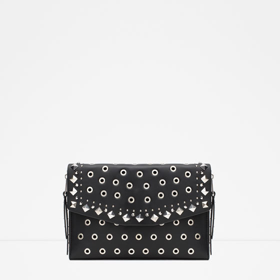 Studded Envelope Clutch - secondary colour: silver; predominant colour: black; occasions: evening, occasion; type of pattern: standard; style: clutch; length: hand carry; size: small; material: faux leather; embellishment: studs; pattern: plain; finish: plain; season: a/w 2015; wardrobe: event