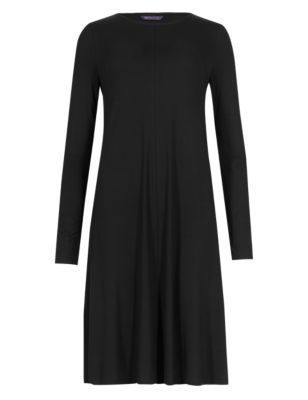 Swing Dress - style: smock; length: below the knee; fit: loose; pattern: plain; predominant colour: black; occasions: casual, work, creative work; fibres: viscose/rayon - stretch; neckline: crew; sleeve length: long sleeve; sleeve style: standard; pattern type: fabric; texture group: jersey - stretchy/drapey; season: a/w 2015; trends: brilliant basics