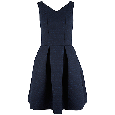V Neck Skater Dress, Navy - length: mid thigh; neckline: v-neck; pattern: plain; sleeve style: sleeveless; predominant colour: navy; occasions: evening, occasion; fit: fitted at waist & bust; style: fit & flare; fibres: cotton - mix; hip detail: structured pleats at hip; sleeve length: sleeveless; pattern type: fabric; texture group: woven light midweight; season: a/w 2015
