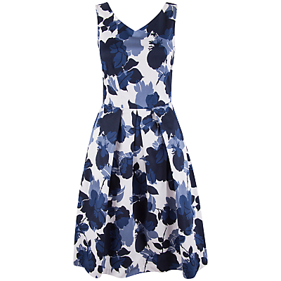 Floral Box Pleat Dress, Multi - neckline: v-neck; sleeve style: sleeveless; predominant colour: white; secondary colour: navy; occasions: casual, occasion; length: on the knee; fit: fitted at waist & bust; style: fit & flare; fibres: cotton - stretch; sleeve length: sleeveless; pattern type: fabric; pattern: florals; texture group: other - light to midweight; multicoloured: multicoloured; season: a/w 2015