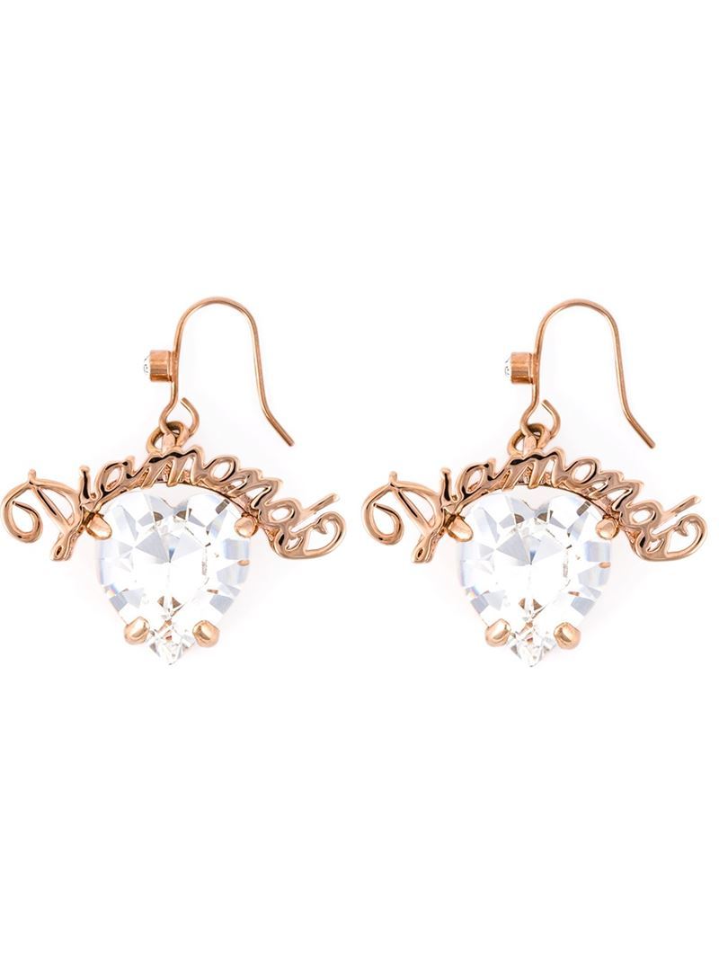 'diamond Slogan' Heart Earrings, Women's, White - predominant colour: gold; occasions: evening, occasion; style: drop; length: mid; size: standard; material: chain/metal; fastening: pierced; finish: plain; embellishment: crystals/glass; secondary colour: clear; season: a/w 2015