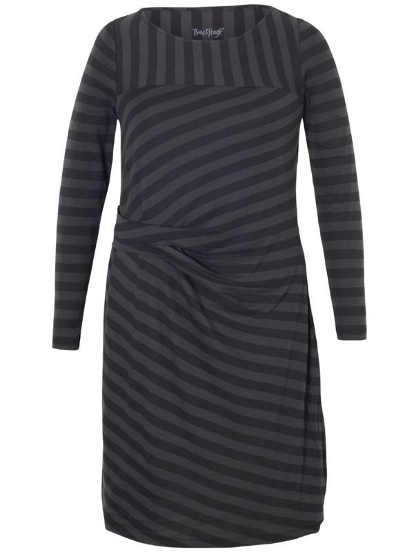 Black Stripe Jersey Dress - style: shift; pattern: striped; waist detail: twist front waist detail/nipped in at waist on one side/soft pleats/draping/ruching/gathering waist detail; predominant colour: charcoal; secondary colour: black; occasions: evening; length: just above the knee; fit: body skimming; fibres: cotton - mix; neckline: crew; sleeve length: long sleeve; sleeve style: standard; pattern type: fabric; texture group: jersey - stretchy/drapey; multicoloured: multicoloured; season: a/w 2015