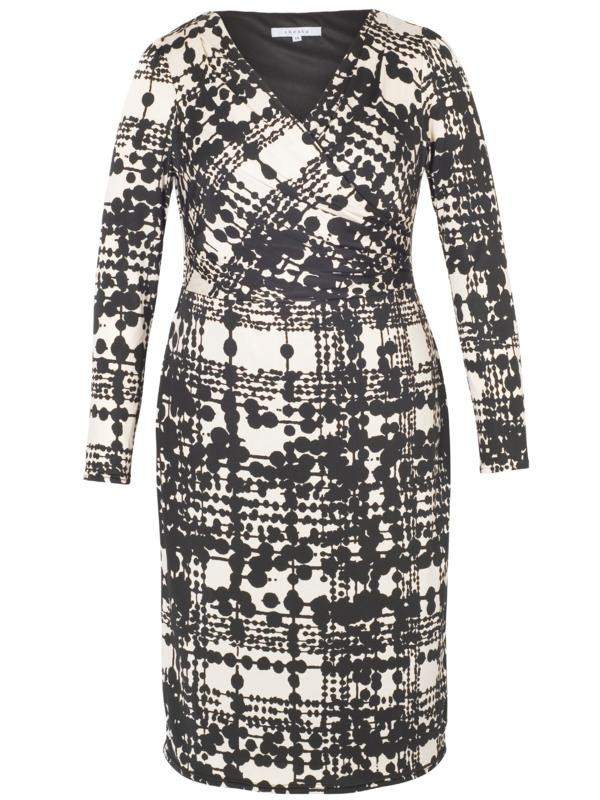 Black & Cream Print Jersey Dress - style: faux wrap/wrap; neckline: v-neck; secondary colour: ivory/cream; predominant colour: charcoal; length: on the knee; fit: body skimming; fibres: polyester/polyamide - 100%; sleeve length: long sleeve; sleeve style: standard; pattern type: fabric; pattern size: standard; pattern: patterned/print; texture group: jersey - stretchy/drapey; occasions: creative work; season: a/w 2015