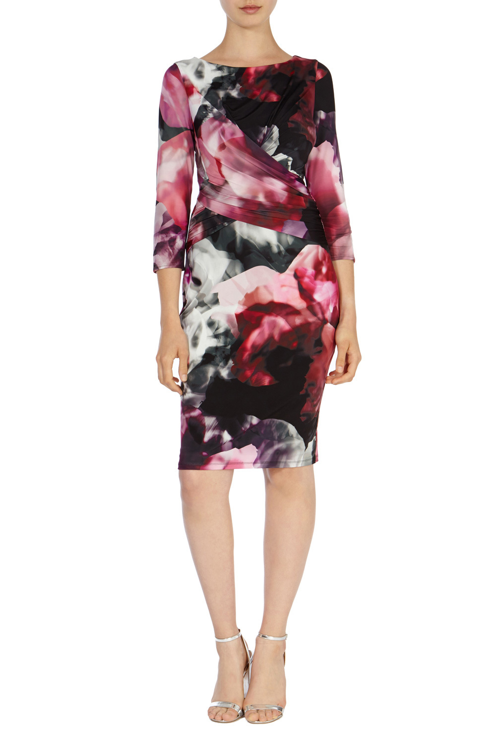 Agnes Sleeved Jersey Dress - style: shift; neckline: round neck; predominant colour: black; length: on the knee; fit: body skimming; occasions: occasion; sleeve length: 3/4 length; sleeve style: standard; pattern: florals; texture group: jersey - stretchy/drapey; season: a/w 2015