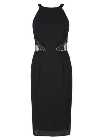 Womens **Elise Ryan Black Pencil Dress Black - style: shift; fit: tailored/fitted; pattern: plain; sleeve style: sleeveless; predominant colour: black; occasions: evening; length: just above the knee; fibres: polyester/polyamide - 100%; neckline: crew; waist detail: cut out detail; sleeve length: sleeveless; texture group: sheer fabrics/chiffon/organza etc.; pattern type: fabric; embellishment: lace; season: a/w 2015