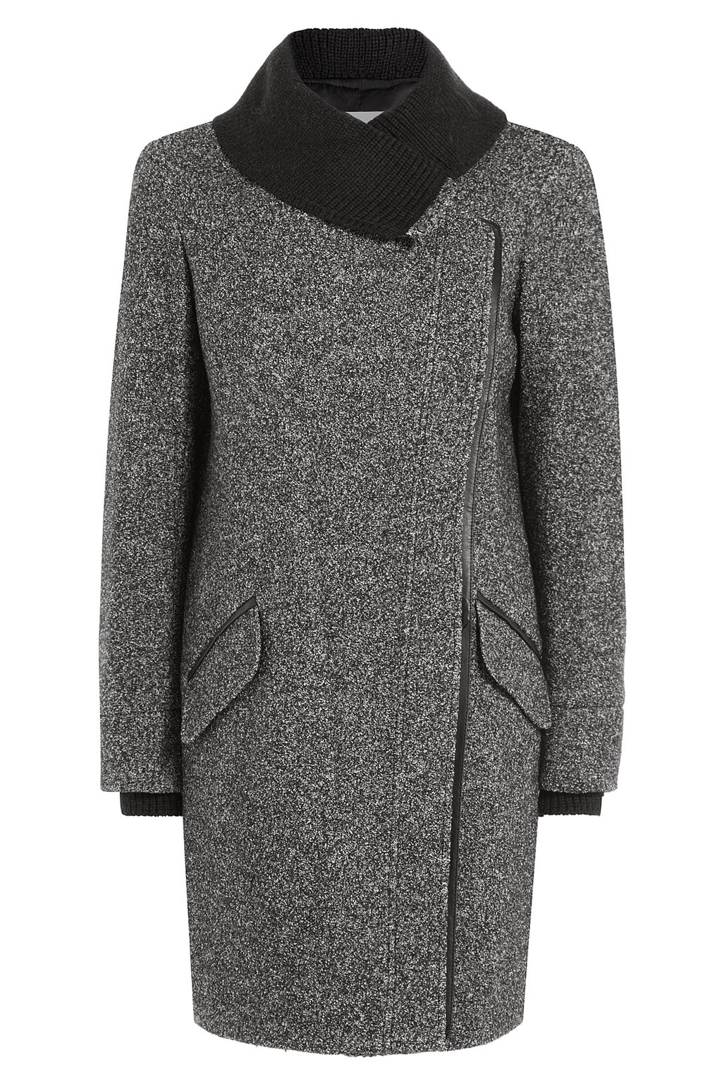 Wool Cotton Blend Coat Grey - collar: funnel; style: single breasted; pattern: herringbone/tweed; length: mid thigh; predominant colour: charcoal; secondary colour: black; occasions: work, creative work; fit: tailored/fitted; fibres: wool - mix; sleeve length: long sleeve; sleeve style: standard; collar break: high; pattern type: fabric; texture group: woven bulky/heavy; season: a/w 2015