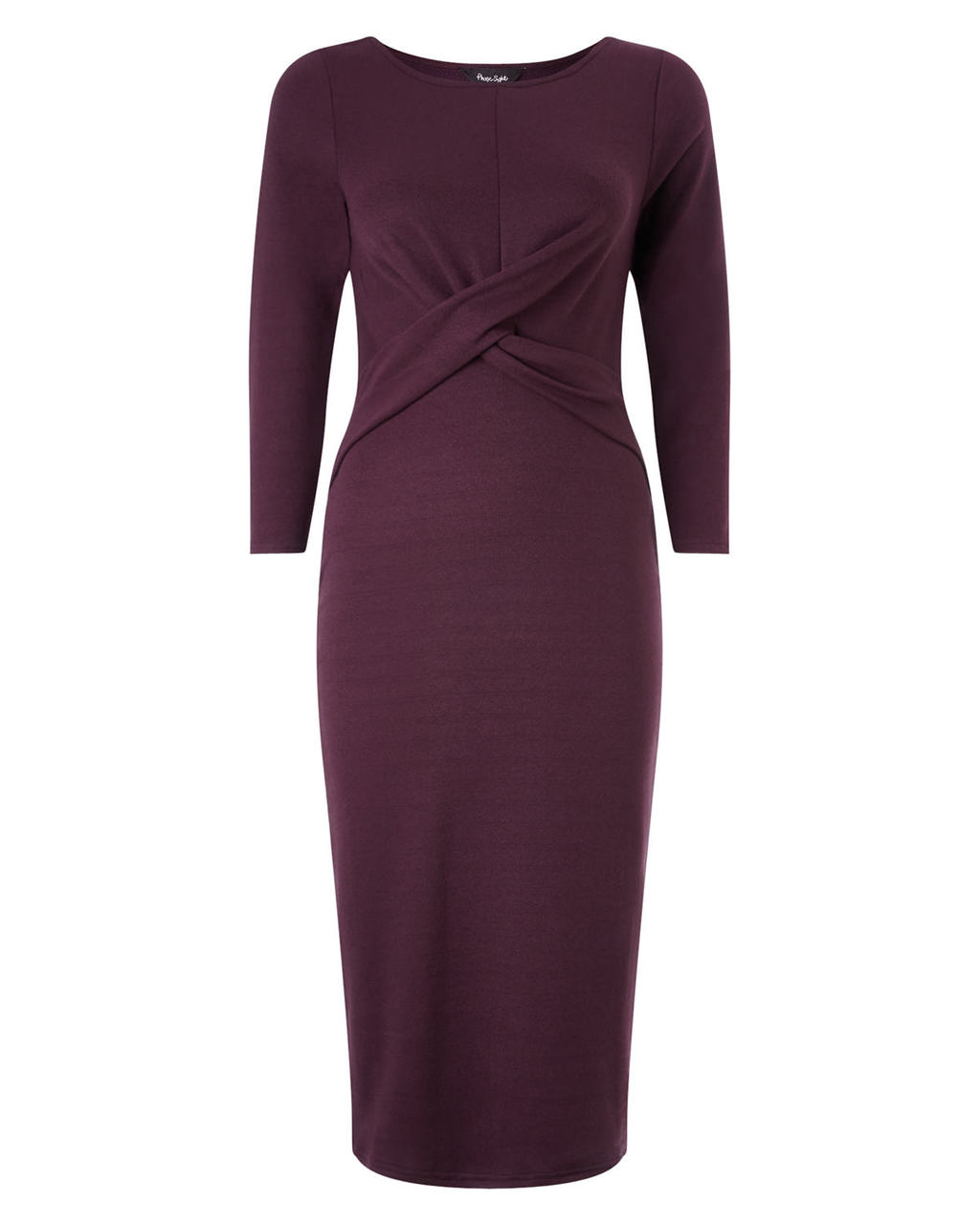 Mandy Midi Dress - style: shift; length: below the knee; neckline: round neck; pattern: plain; waist detail: twist front waist detail/nipped in at waist on one side/soft pleats/draping/ruching/gathering waist detail; predominant colour: purple; occasions: evening, occasion; fit: body skimming; fibres: polyester/polyamide - stretch; sleeve length: 3/4 length; sleeve style: standard; pattern type: fabric; texture group: jersey - stretchy/drapey; season: a/w 2015