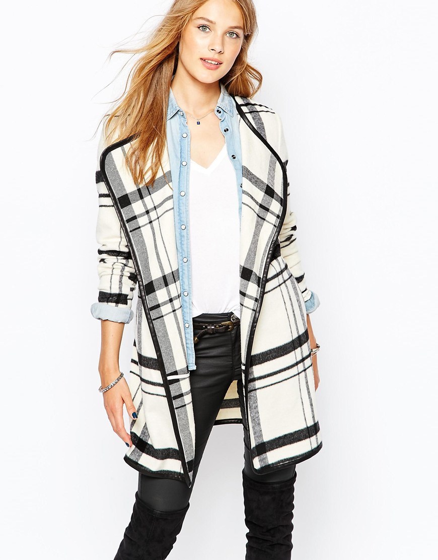 Tailored Check Trench Coat Multi - pattern: checked/gingham; collar: wide lapels; fit: loose; style: wrap around; length: mid thigh; predominant colour: ivory/cream; secondary colour: black; occasions: casual, creative work; fibres: wool - mix; sleeve length: long sleeve; sleeve style: standard; collar break: low/open; pattern type: fabric; texture group: woven bulky/heavy; season: a/w 2015