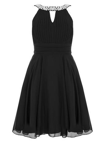 Womens **Quiz Black Chiffon Cut Out Dress Black - sleeve style: sleeveless; predominant colour: black; length: just above the knee; fit: fitted at waist & bust; style: fit & flare; neckline: peep hole neckline; occasions: occasion; sleeve length: sleeveless; texture group: sheer fabrics/chiffon/organza etc.; pattern type: fabric; pattern: patterned/print; season: a/w 2015