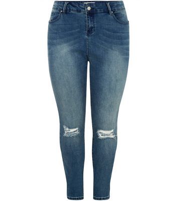 Curves Blue Ripped Knee Skinny Jeans - style: skinny leg; length: standard; pattern: plain; pocket detail: traditional 5 pocket; waist: mid/regular rise; predominant colour: navy; occasions: casual; fibres: cotton - stretch; jeans detail: washed/faded, rips; texture group: denim; pattern type: fabric; season: a/w 2015