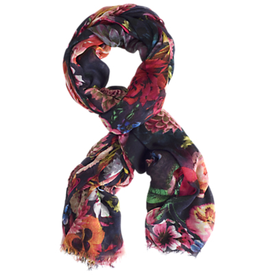 Flower Print Scarf, Multi - secondary colour: hot pink; predominant colour: navy; occasions: casual, creative work; type of pattern: standard; style: regular; size: standard; material: fabric; pattern: patterned/print; multicoloured: multicoloured; season: a/w 2015