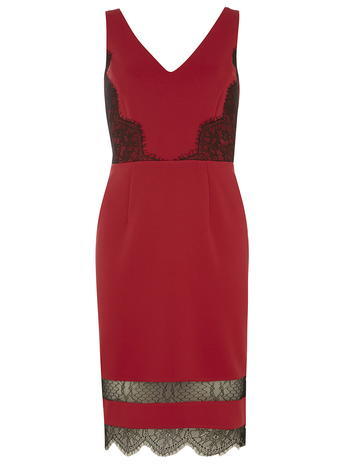 Womens Raspberry Lace Pencil Dress Pink - style: shift; neckline: low v-neck; fit: tailored/fitted; sleeve style: sleeveless; predominant colour: true red; secondary colour: black; occasions: evening, occasion; length: just above the knee; fibres: polyester/polyamide - stretch; sleeve length: sleeveless; pattern type: fabric; pattern: colourblock; texture group: other - light to midweight; embellishment: lace; multicoloured: multicoloured; season: a/w 2015