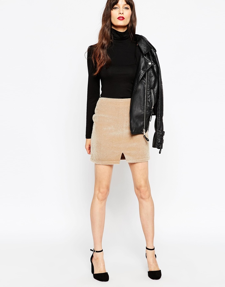 Mini Skirt In Faux Pony Skin Notch Hem Cream - length: mini; pattern: plain; fit: body skimming; waist: high rise; predominant colour: camel; occasions: casual, evening, creative work; style: mini skirt; fibres: polyester/polyamide - stretch; texture group: fur; pattern type: fabric; season: a/w 2015
