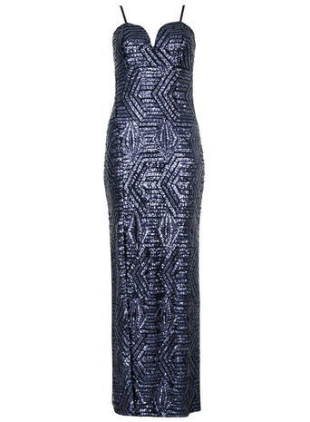Womens **Quiz Navy Sequin Maxi Dress Blue - sleeve style: spaghetti straps; style: maxi dress; length: ankle length; neckline: sweetheart; predominant colour: navy; occasions: evening, occasion; fit: body skimming; sleeve length: sleeveless; pattern type: fabric; pattern: patterned/print; texture group: other - light to midweight; embellishment: sequins; season: a/w 2015