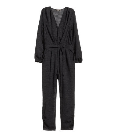 Chiffon Jumpsuit - length: standard; neckline: v-neck; fit: fitted at waist; pattern: plain; waist detail: belted waist/tie at waist/drawstring; predominant colour: black; occasions: evening, occasion; sleeve length: long sleeve; sleeve style: standard; texture group: sheer fabrics/chiffon/organza etc.; style: jumpsuit; pattern type: fabric; season: a/w 2015; wardrobe: event
