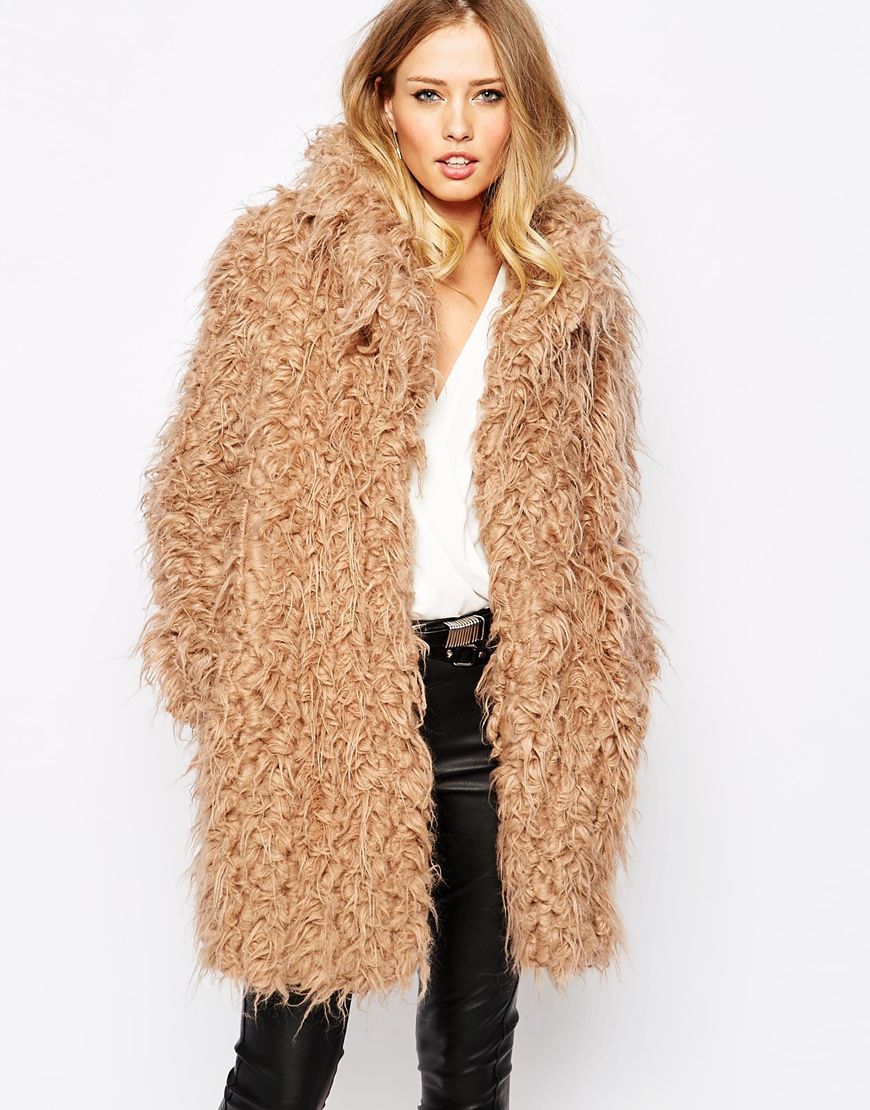 Orson Shaggy Coat Biscuit - pattern: plain; length: on the knee; collar: high neck; predominant colour: camel; occasions: casual, creative work; fit: straight cut (boxy); fibres: polyester/polyamide - mix; style: fur coat; sleeve length: long sleeve; sleeve style: standard; texture group: fur; collar break: high; pattern type: fabric; season: a/w 2015; trends: warm and fuzzy