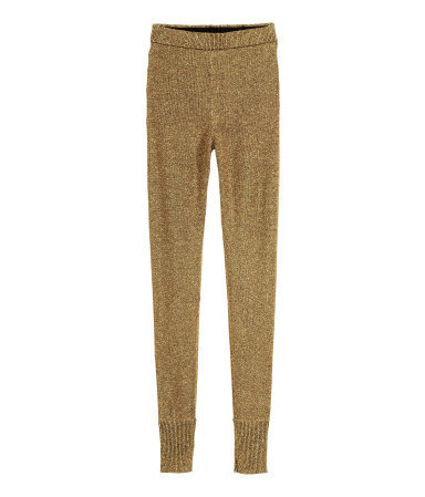 Glittery Trousers - length: standard; pattern: plain; waist detail: elasticated waist; waist: high rise; predominant colour: gold; occasions: casual, evening; texture group: knits/crochet; fit: skinny/tight leg; pattern type: knitted - other; style: standard; fibres: viscose/rayon - mix; embellishment: glitter; season: a/w 2015; wardrobe: highlight; embellishment location: all over
