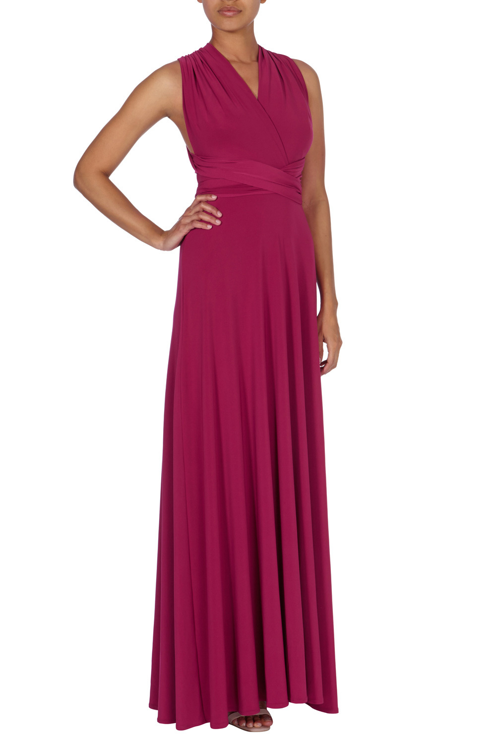 Corwin Multi Tie Dress - neckline: v-neck; pattern: plain; sleeve style: sleeveless; style: maxi dress; length: ankle length; predominant colour: hot pink; occasions: evening; fit: fitted at waist & bust; fibres: polyester/polyamide - stretch; hip detail: soft pleats at hip/draping at hip/flared at hip; sleeve length: sleeveless; pattern type: fabric; texture group: jersey - stretchy/drapey; season: a/w 2015