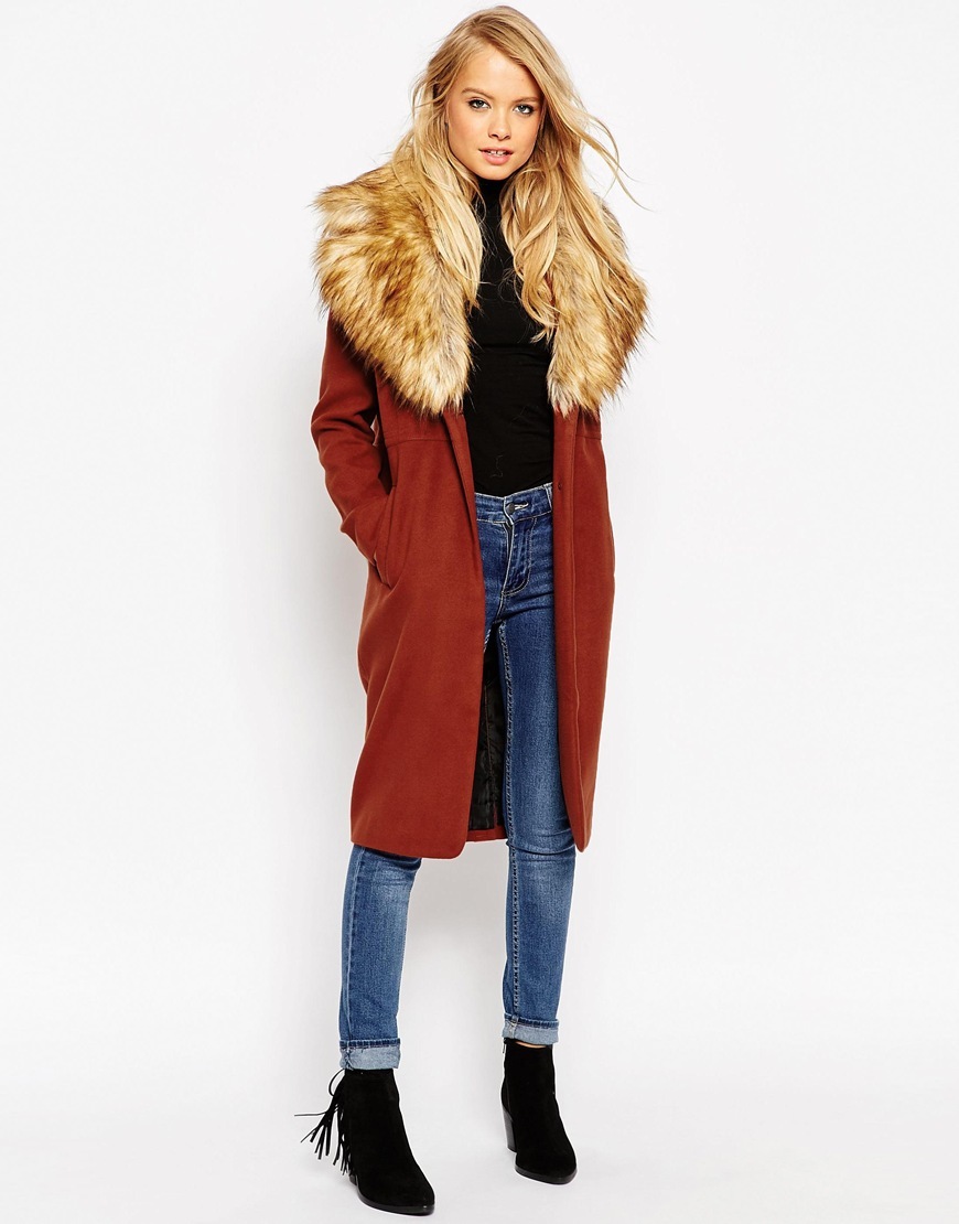 Coat With Oversized Faux Fur Collar Ginger - pattern: plain; style: single breasted; length: on the knee; predominant colour: terracotta; secondary colour: camel; occasions: casual, creative work; fit: straight cut (boxy); fibres: wool - mix; hip detail: added detail/embellishment at hip; sleeve length: long sleeve; sleeve style: standard; collar: fur; collar break: low/open; pattern type: fabric; texture group: woven bulky/heavy; embellishment: fur; season: a/w 2015