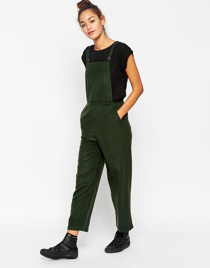 Wool Mix Dungaree Green - sleeve style: standard vest straps/shoulder straps; pattern: plain; predominant colour: dark green; occasions: casual, creative work; length: ankle length; fit: body skimming; sleeve length: sleeveless; style: dungarees; neckline: medium square neck; pattern type: fabric; texture group: other - light to midweight; season: a/w 2015