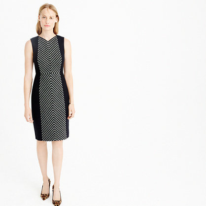 Petite Striped Tweed Sheath Dress - style: shift; neckline: v-neck; fit: tailored/fitted; sleeve style: sleeveless; secondary colour: mid grey; predominant colour: black; occasions: evening; length: on the knee; fibres: wool - mix; sleeve length: sleeveless; pattern type: fabric; pattern size: light/subtle; pattern: colourblock; texture group: tweed - light/midweight; multicoloured: multicoloured; season: a/w 2015