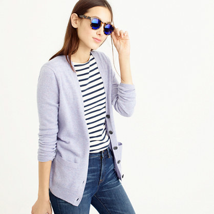 Italian Cashmere Boyfriend Cardigan Sweater - neckline: low v-neck; pattern: plain; hip detail: front pockets at hip; style: open front; predominant colour: lilac; occasions: casual, creative work; length: standard; fit: standard fit; sleeve length: long sleeve; sleeve style: standard; texture group: knits/crochet; pattern type: knitted - fine stitch; season: a/w 2015
