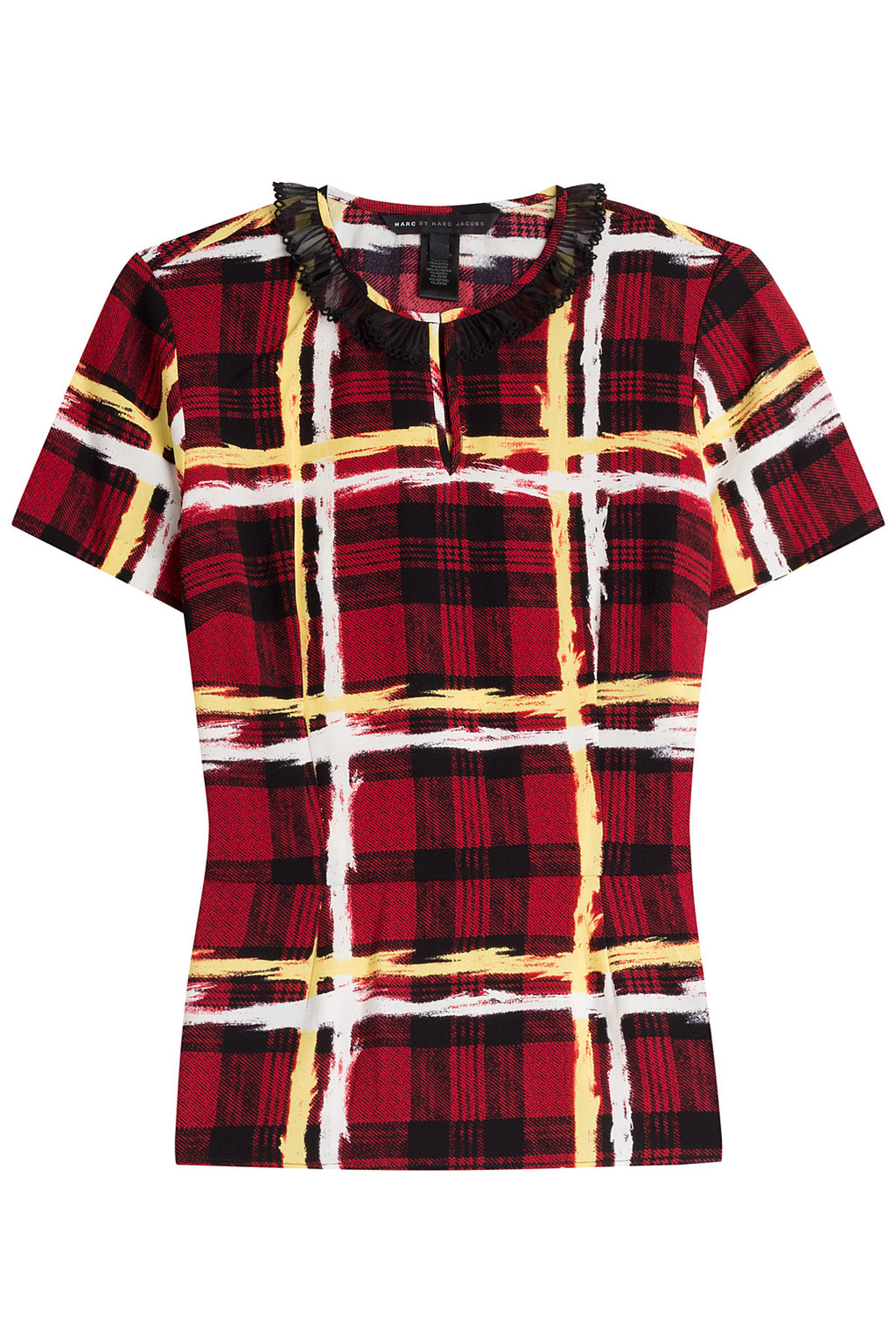 Printed Top With Collar Red - pattern: checked/gingham; secondary colour: white; predominant colour: true red; occasions: casual; length: standard; style: top; fibres: viscose/rayon - stretch; fit: body skimming; neckline: crew; sleeve length: short sleeve; sleeve style: standard; pattern type: fabric; texture group: other - light to midweight; multicoloured: multicoloured; season: a/w 2015