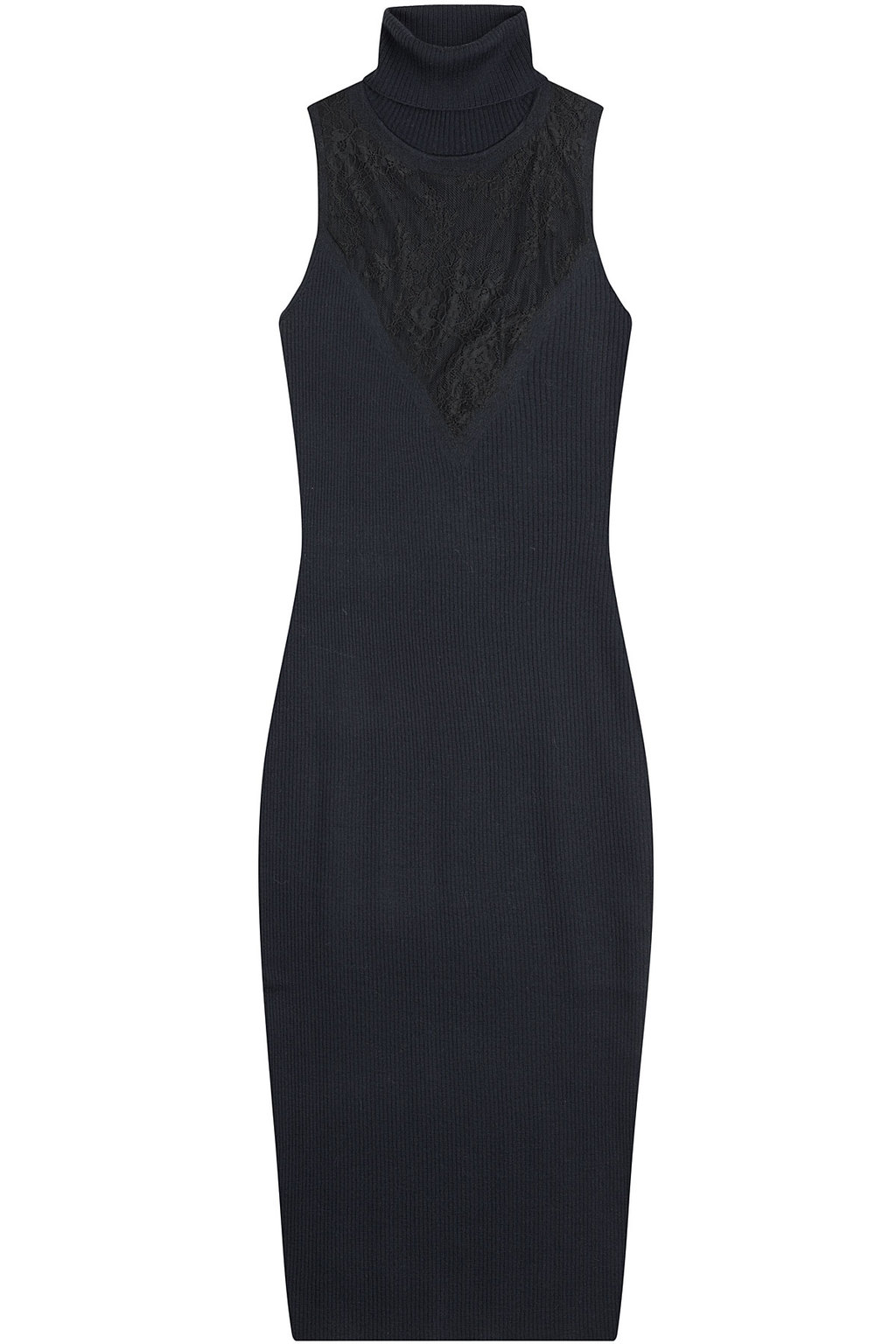 Sleeveless Wool Dress With Lace Multicolor - style: jumper dress; length: below the knee; fit: tight; pattern: plain; sleeve style: sleeveless; bust detail: added detail/embellishment at bust; neckline: roll neck; predominant colour: navy; secondary colour: black; fibres: wool - mix; sleeve length: sleeveless; texture group: knits/crochet; pattern type: knitted - other; embellishment: lace; occasions: creative work; season: a/w 2015