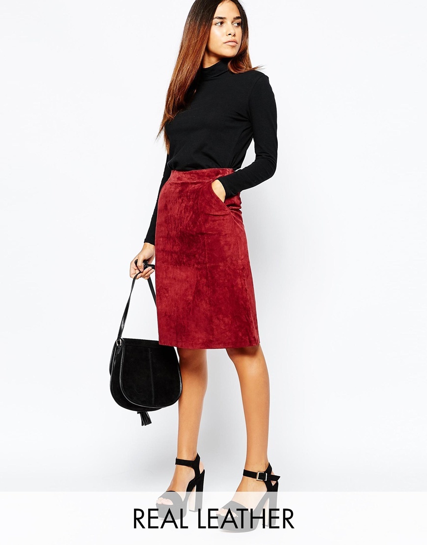 Suede Midi Skirt Berry - pattern: plain; style: pencil; fit: tailored/fitted; waist: high rise; predominant colour: true red; occasions: evening, creative work; length: on the knee; texture group: suede; season: a/w 2015