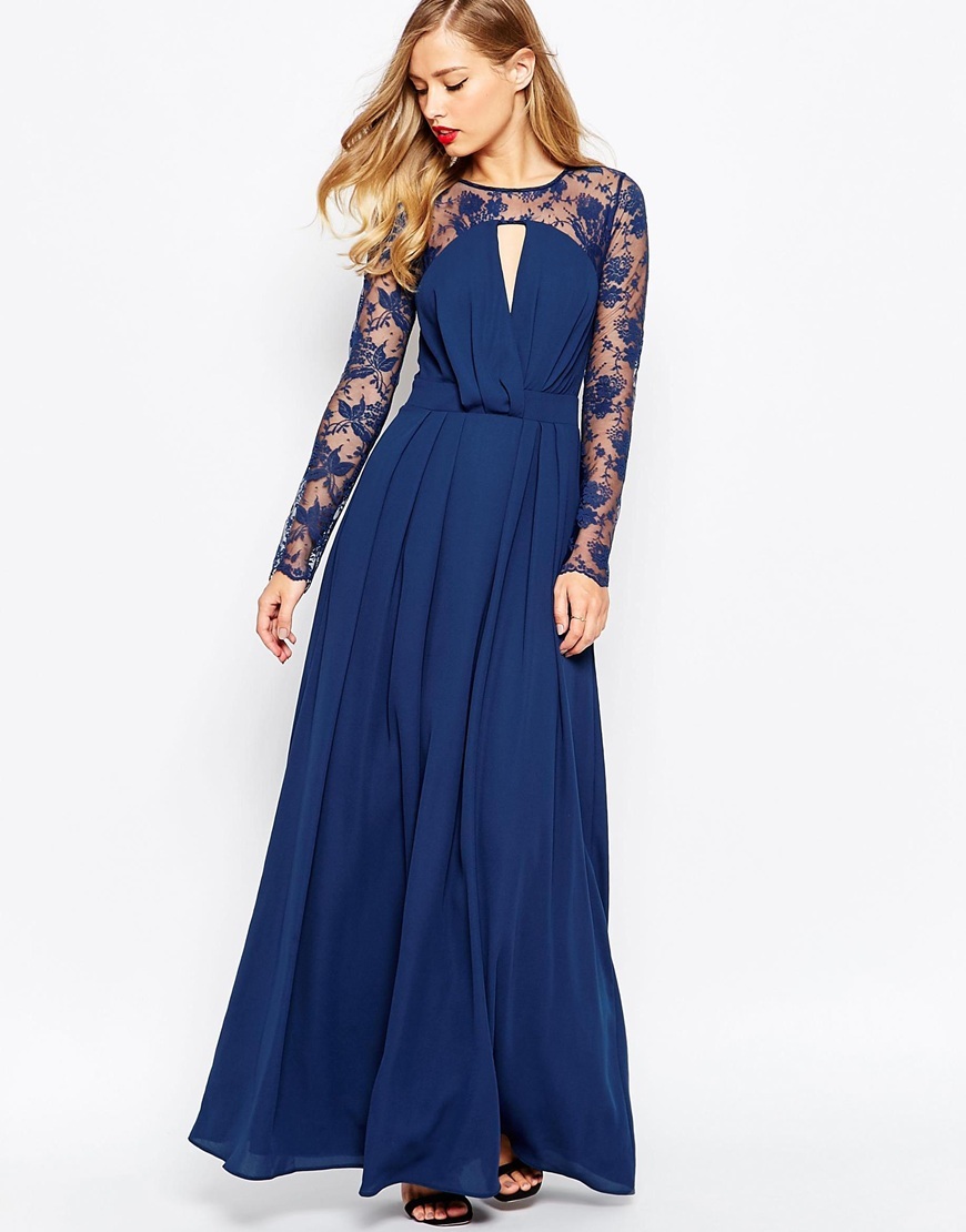 Kate Lace Maxi Dress With Long Sleeves Spearmint - pattern: plain; style: maxi dress; bust detail: sheer at bust; predominant colour: navy; occasions: evening; length: floor length; fit: body skimming; neckline: peep hole neckline; fibres: polyester/polyamide - 100%; sleeve length: long sleeve; sleeve style: standard; texture group: crepes; pattern type: fabric; embellishment: lace; season: a/w 2015