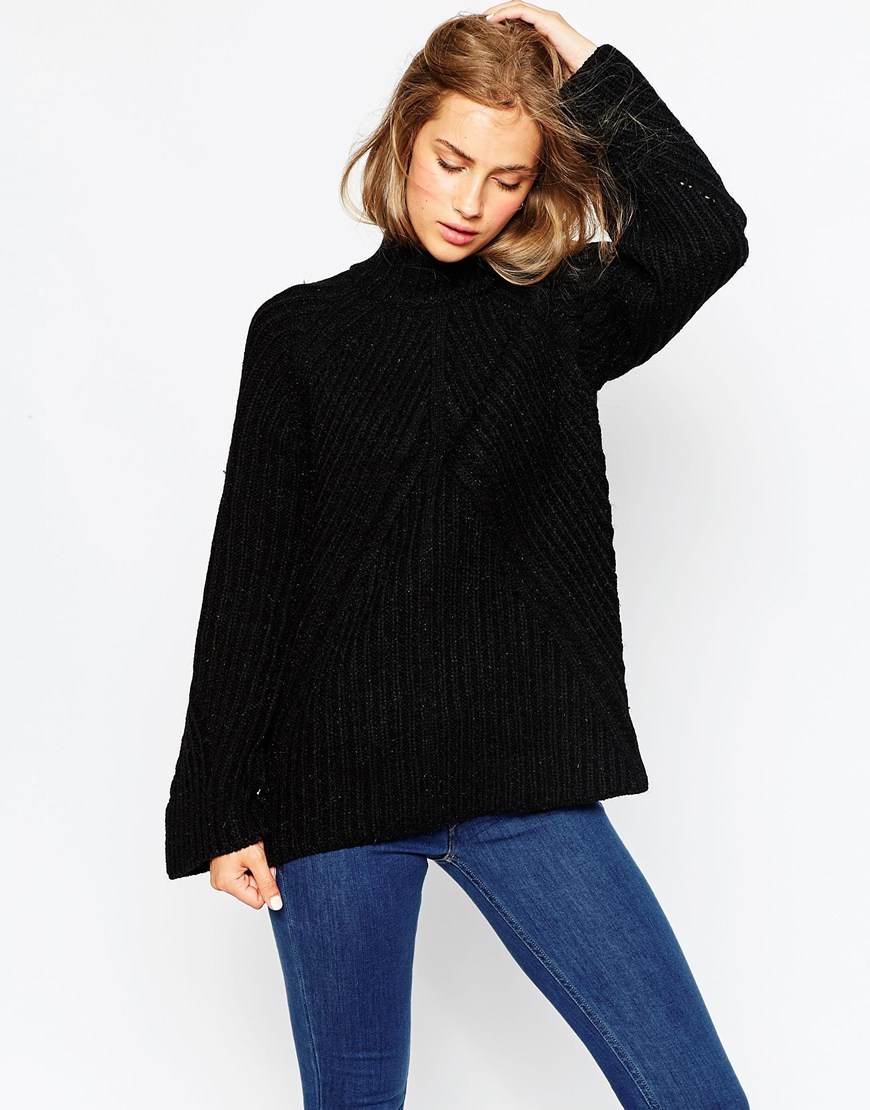 Chunky Jumper With High Neck And Moving Rib Black - pattern: plain; neckline: high neck; style: standard; predominant colour: black; occasions: casual, creative work; length: standard; fibres: acrylic - 100%; fit: loose; sleeve length: long sleeve; sleeve style: standard; texture group: knits/crochet; pattern type: knitted - other; season: a/w 2015