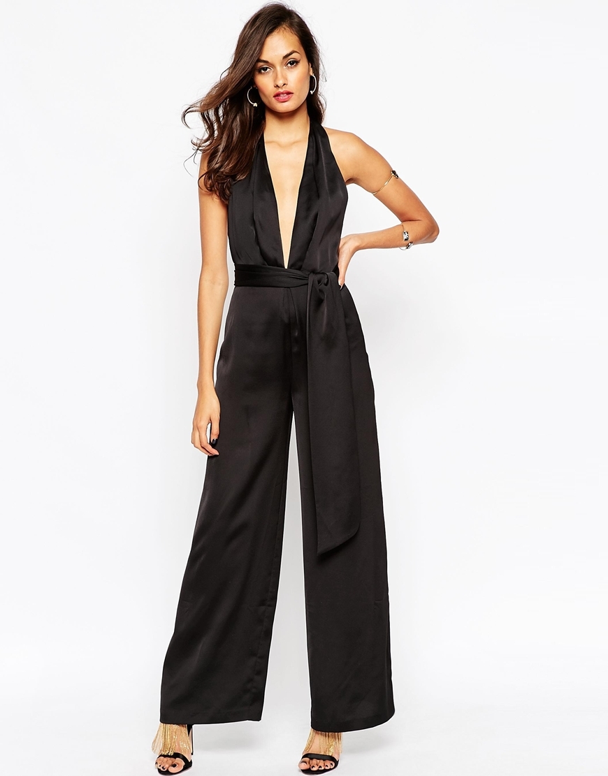 Premium Origami Plunge Jumpsuit Black - length: standard; neckline: plunge; fit: fitted at waist; pattern: plain; sleeve style: sleeveless; predominant colour: black; occasions: evening, occasion; sleeve length: sleeveless; style: jumpsuit; pattern type: fabric; texture group: woven light midweight; season: a/w 2015