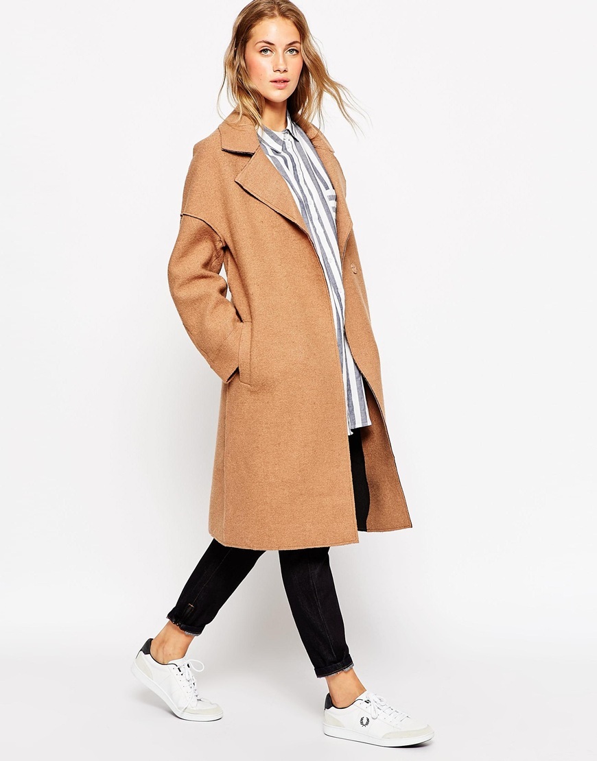 Coat In Bonded Cloth With Raw Edge Camel - pattern: plain; fit: loose; style: single breasted; length: on the knee; collar: standard lapel/rever collar; predominant colour: camel; hip detail: dip hem; sleeve length: long sleeve; sleeve style: standard; collar break: low/open; texture group: woven bulky/heavy; season: a/w 2015