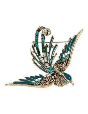 Diamanté Mocking Bird Brooch - predominant colour: emerald green; secondary colour: gold; occasions: evening, occasion; style: classic; size: large/oversized; material: chain/metal; finish: metallic; embellishment: jewels/stone; season: a/w 2015