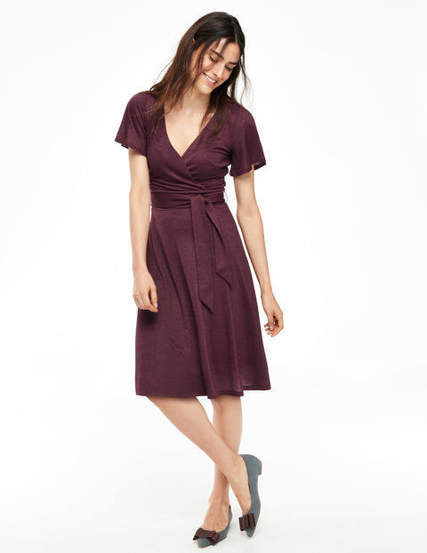 Lara Sparkle Dress Damson Women, Damson - style: faux wrap/wrap; neckline: low v-neck; fit: fitted at waist; pattern: plain; waist detail: belted waist/tie at waist/drawstring; bust detail: knot twist front detail at bust; predominant colour: burgundy; occasions: evening, occasion; length: on the knee; fibres: viscose/rayon - stretch; sleeve length: short sleeve; sleeve style: standard; pattern type: fabric; texture group: jersey - stretchy/drapey; season: a/w 2015