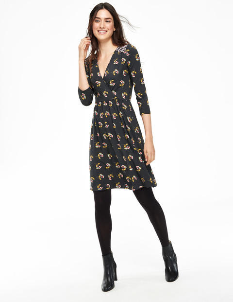 Glenda Dress Raven Thirties Floral Women, Raven Thirties Floral - style: shift; neckline: v-neck; secondary colour: yellow; predominant colour: black; occasions: casual, creative work; length: just above the knee; fit: soft a-line; fibres: viscose/rayon - stretch; sleeve length: 3/4 length; sleeve style: standard; pattern type: fabric; pattern size: standard; pattern: patterned/print; texture group: jersey - stretchy/drapey; multicoloured: multicoloured; season: a/w 2015