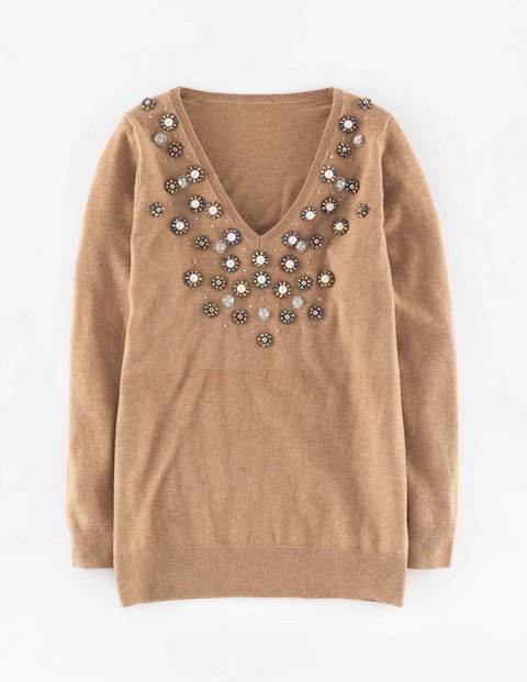 Relaxed Embellished V Jumper Caramel Melange Women, Caramel Melange - neckline: v-neck; pattern: plain; bust detail: added detail/embellishment at bust; style: standard; predominant colour: camel; occasions: casual, creative work; length: standard; fit: standard fit; sleeve length: long sleeve; sleeve style: standard; texture group: knits/crochet; pattern type: knitted - fine stitch; embellishment: beading; season: a/w 2015