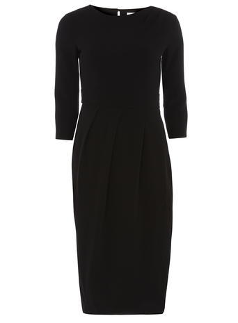 Womens **Closet Black Drape Midi Dress Black - style: shift; pattern: plain; predominant colour: black; occasions: evening; length: on the knee; fit: body skimming; fibres: polyester/polyamide - stretch; neckline: crew; sleeve length: 3/4 length; sleeve style: standard; pattern type: fabric; texture group: other - light to midweight; season: a/w 2015