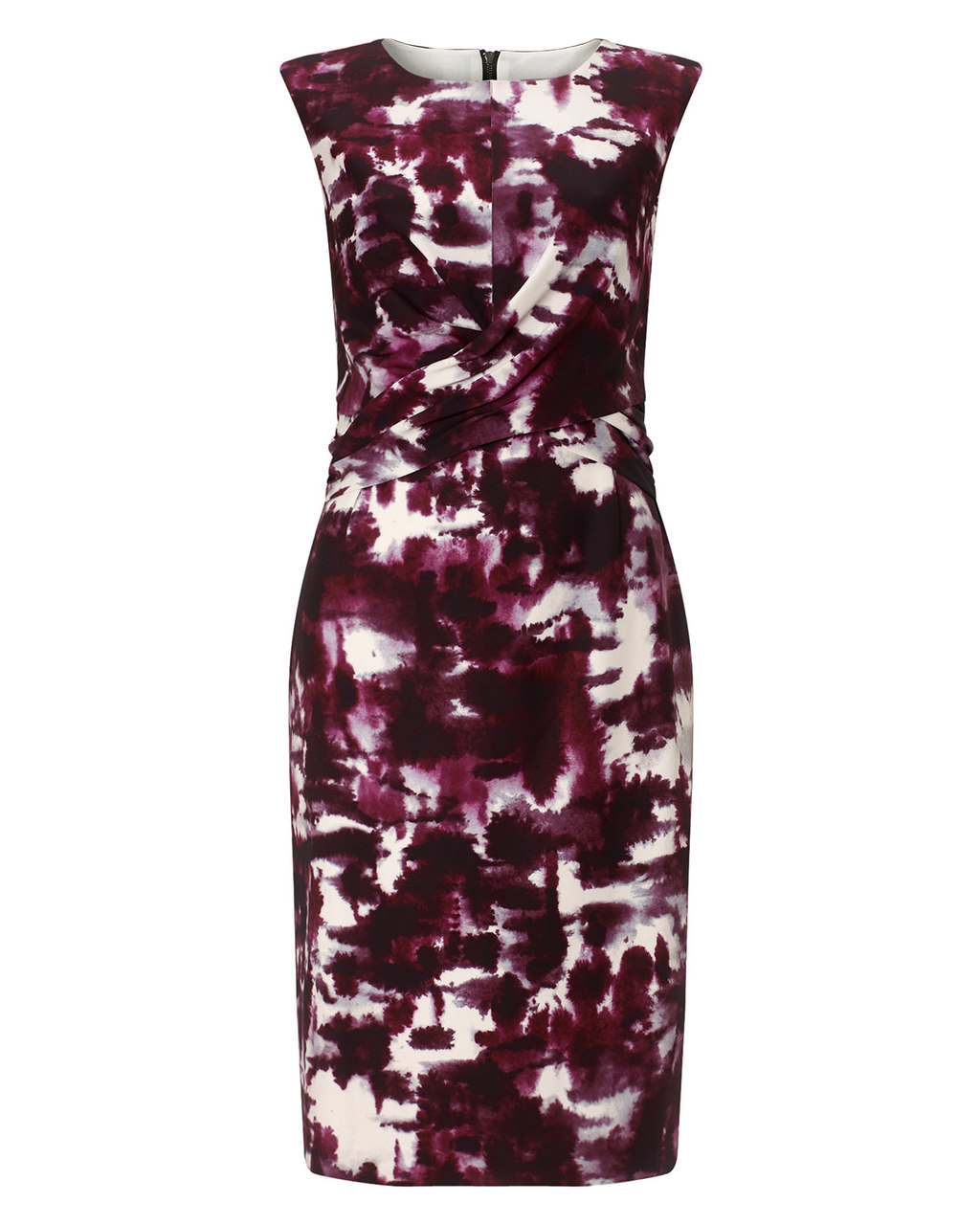 Bruges Print Dress - style: shift; neckline: round neck; fit: tailored/fitted; sleeve style: sleeveless; secondary colour: white; predominant colour: aubergine; occasions: evening, occasion; length: just above the knee; fibres: polyester/polyamide - stretch; sleeve length: sleeveless; pattern type: fabric; pattern size: big & busy; pattern: patterned/print; texture group: jersey - stretchy/drapey; season: a/w 2015