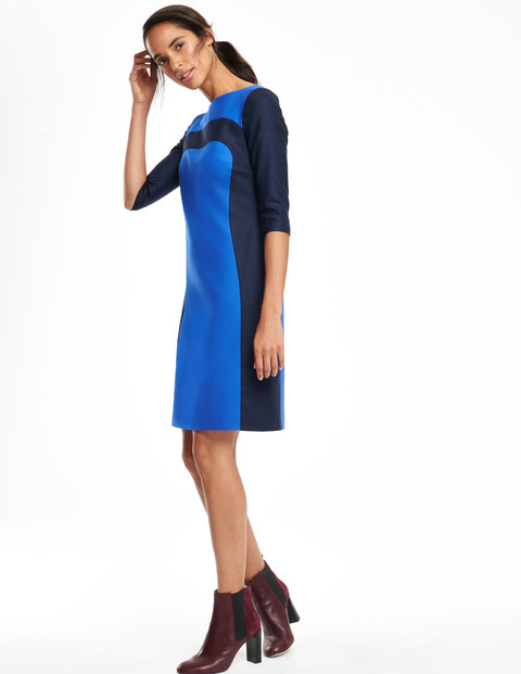 Workwear Panel Dress Bright Blue & Navy Women, Bright Blue & Navy - style: shift; neckline: slash/boat neckline; predominant colour: diva blue; secondary colour: navy; occasions: casual, creative work; length: just above the knee; fit: straight cut; fibres: viscose/rayon - stretch; sleeve length: 3/4 length; sleeve style: standard; pattern type: fabric; pattern size: standard; pattern: colourblock; texture group: woven light midweight; season: a/w 2015