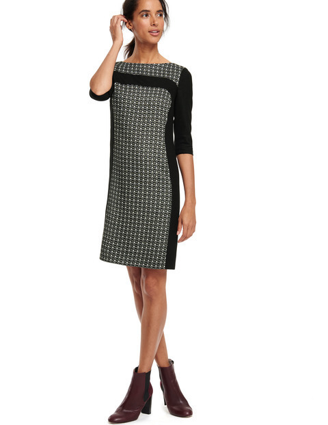 Workwear Panel Dress Black Jacquard Women, Black Jacquard - style: shift; neckline: slash/boat neckline; secondary colour: mid grey; predominant colour: black; length: just above the knee; fit: body skimming; fibres: wool - mix; sleeve length: 3/4 length; sleeve style: standard; pattern type: fabric; pattern size: standard; pattern: patterned/print; texture group: other - light to midweight; occasions: creative work; season: a/w 2015