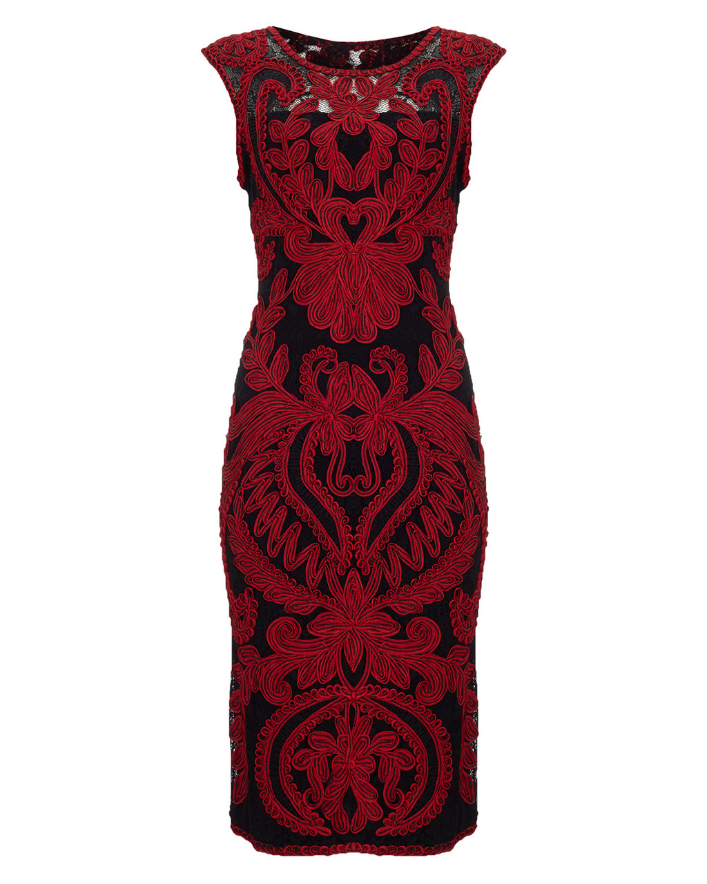 Delaney Tapework Dress - style: shift; length: below the knee; neckline: round neck; sleeve style: capped; fit: tailored/fitted; predominant colour: true red; secondary colour: black; occasions: evening, occasion; fibres: nylon - 100%; sleeve length: sleeveless; pattern type: fabric; pattern size: big & busy; pattern: patterned/print; texture group: other - light to midweight; embellishment: embroidered; season: a/w 2015