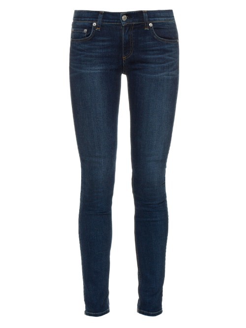 Mid Rise Skinny Jeans - style: skinny leg; length: standard; pattern: plain; waist: low rise; predominant colour: navy; occasions: casual, evening, creative work; fibres: cotton - stretch; jeans detail: dark wash; texture group: denim; pattern type: fabric; season: a/w 2015